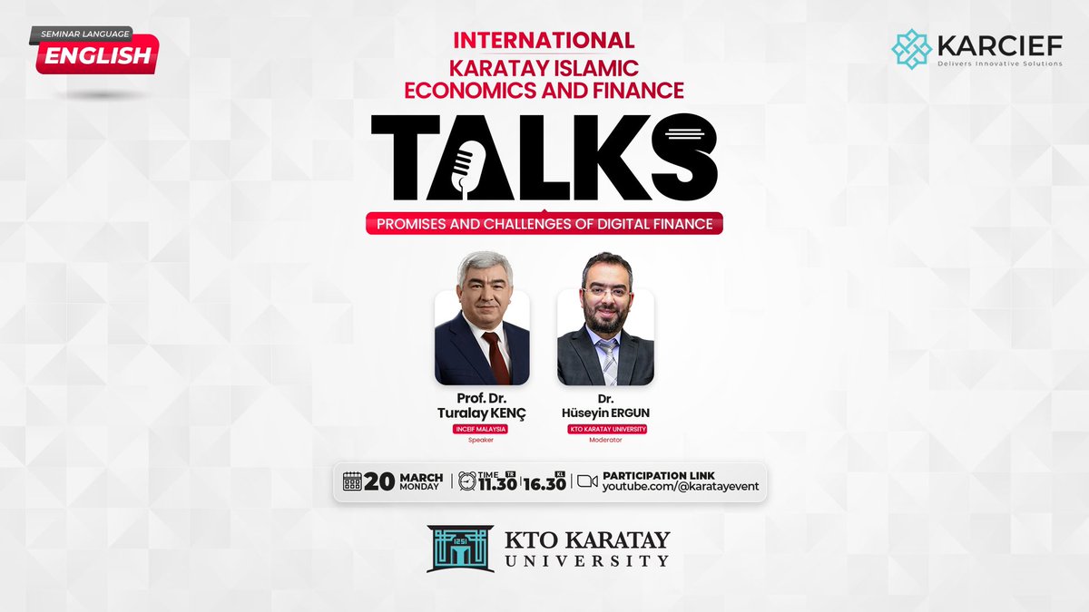 İslam İktisadı ve Finans Bölümümüz tarafından Prof. Dr. Turalay Kenç'in katılımıyla, ❝Promises and Challenges of Digital Finance❞ konulu seminer düzenleniyor.

Semineri online takip etmek için👇🏻

youtube.com/@karatayevent
