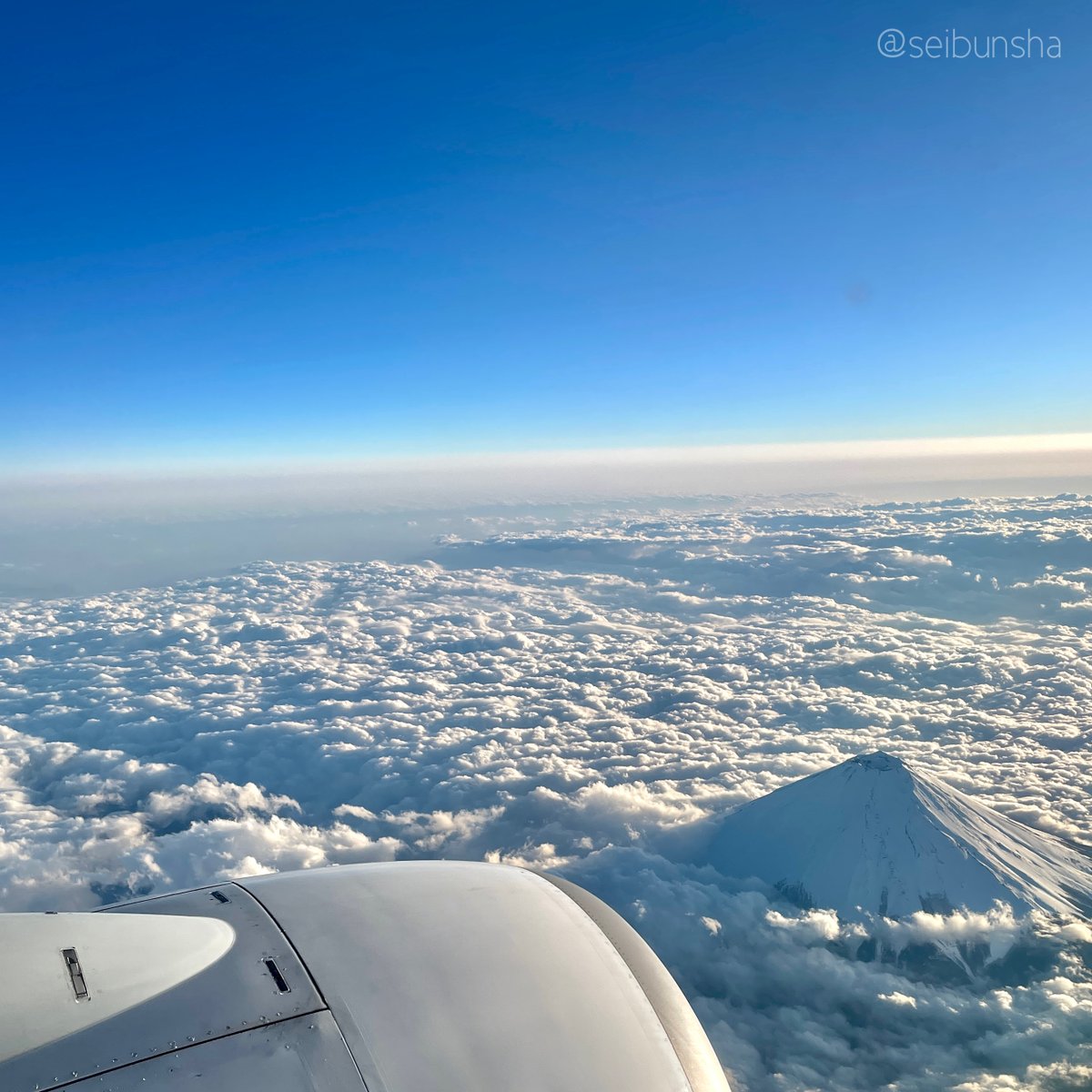 おはようございます☀ 飛行機から、すげ～！写真が撮れました🤳 雲から顔を出す です🗻✨ 興奮して静岡出身の社員に送りました😳 ドローンでは撮影できない、 ならではの写真でした😌 皆様、良い週末をお過ごしください✨