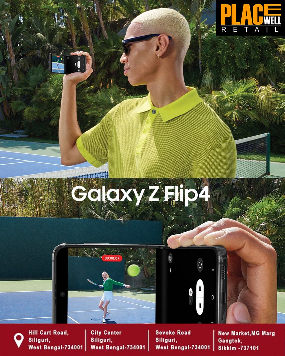 PlacewellRetail's tweet photo. Hand-Held videos made easy! Thanks to Galaxy Z Flip 4 and its amazing design. Buy the Galaxy Z Flip 4 👉https://t.co/txgau8lkVn or visit our store for amazing offers. 

Find Store: https://t.co/yLj0x2LvUg  
Call: 9333693337 
WhatsApp: https://t.co/bqNPUPkQFY 
 #PlacewellRetail https://t.co/ME5kwpYMRH