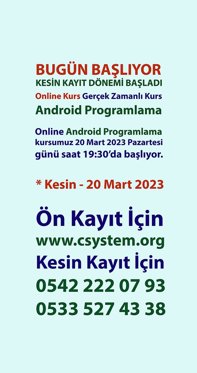 csdernek's tweet photo. #OnlineKurs #AndroidProgramlama #KotlinVeJavaİle #BUGÜN #Başlıyor #KESİN #20Mart2023 #180Saat #CSD
Bu kursumuza katılmayı planlayan tüm öğrencilerimizin öncelikle ön kayıt formunu doldurmaları gerekmektedir. İlginiz için teşekkür ederiz.
#ÖnKayıt
https://t.co/8qI1DzTQwE https://t.co/rzppRuU5kS
