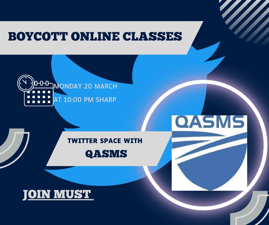 AbuBakrAwan890's tweet photo. Let's raise your voice against the unfair & unreasonable decision of shifting classes to online mode. It's huge loss to #PublicAd & #BBA students.#QASMS already facing issues like mismanagement, incompetent teachers,room shortages,merged classes and now it's online😤
#ResumeQAU https://t.co/TCGHWWgoTK