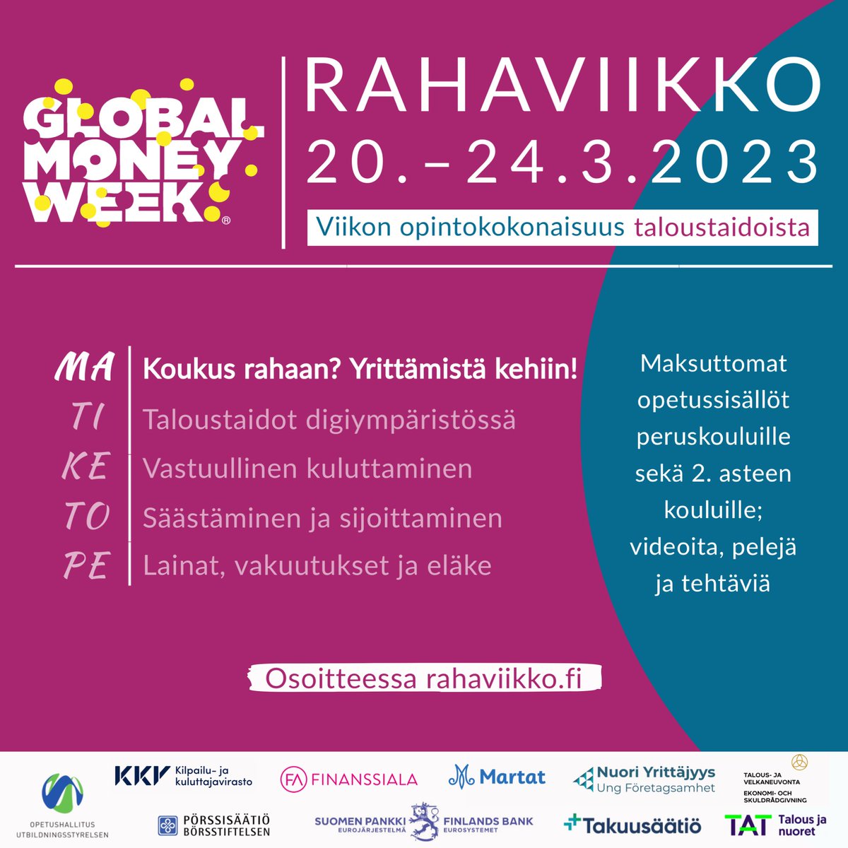 Hyvää #Rahaviikko:a! Joka päivälle tarjolla peruskouluun &amp; 2.asteelle valmiit talousaiheiset oppimateriaalit! Viikon käynnistää @NuoriYrittajyys:n Koukus rahaan? Yrittämistä kehiin -paketti. Materiaalit käytettävissä nyt tai myöhemmin, maksutta osoitteessa rahaviikko.fi