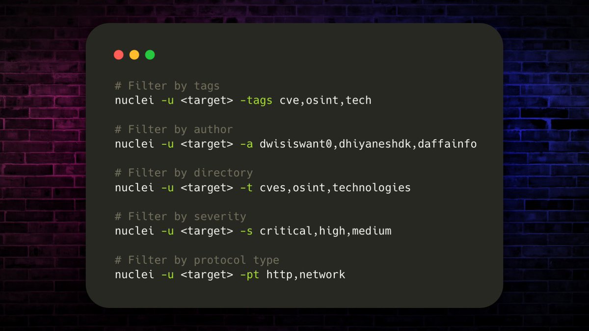 pdnuclei's tweet photo. Improve your filtering game with this list of tags, authors, directories, severities and types! 

Filter by:
⚛️ Tags: -tags
⚛️ Author: -a
⚛️ Severity: -s
⚛️ Type: -pt
⚛️ Template/Directory: -t

Bookmark this list:
👉🔗 https://t.co/bnVoqW363C #hackwithautomation #nuclei101 https://t.co/g87aGdUWZL