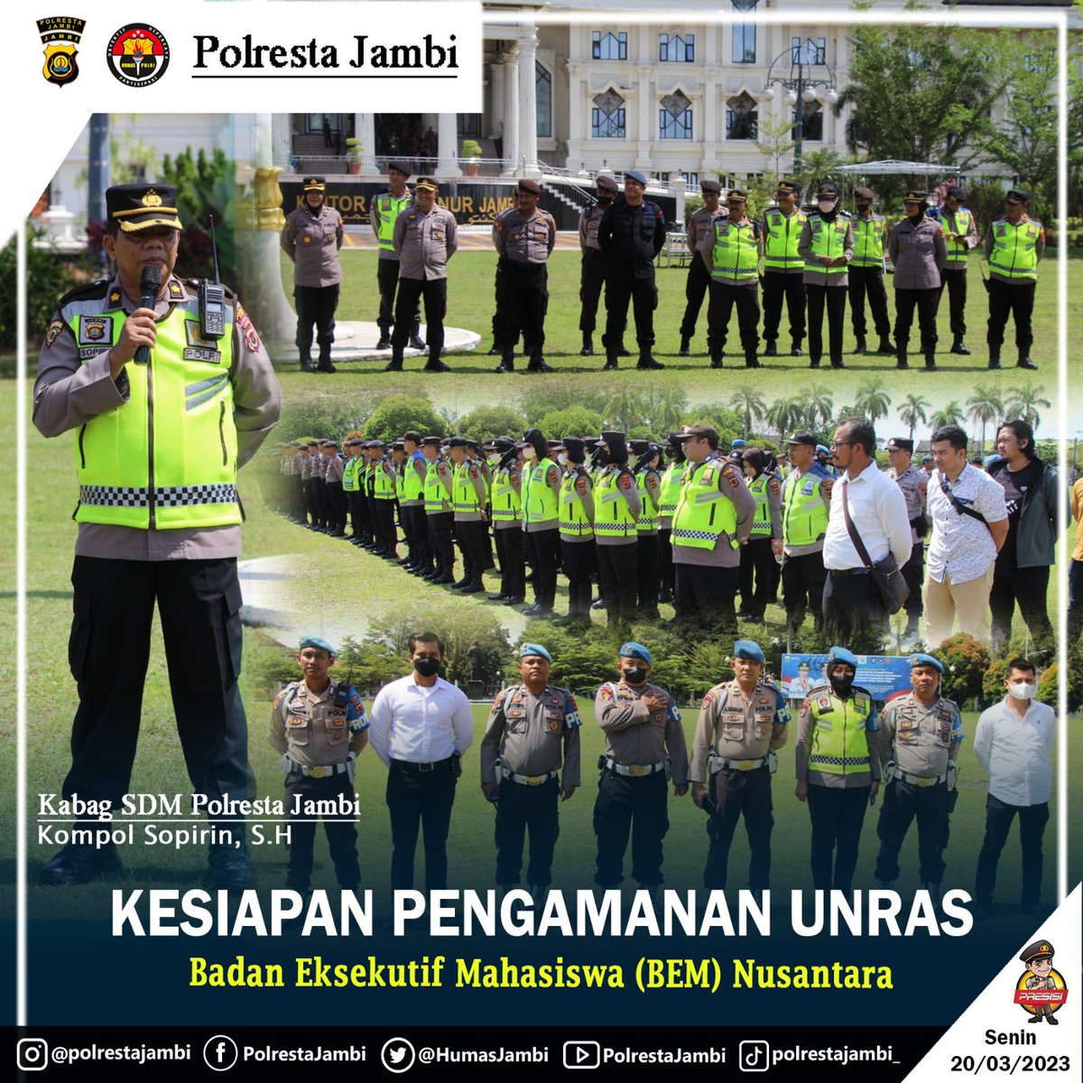 HumasJambi's tweet photo. Update Polresta Jambi
Kabag SDM Polresta Jambi Memimpin Apel Kesiapan Pengamanan Unras Badan EKsekutif Mahasiswa (BEM) Nusantara
Senin 20 Maret 2023
Lapangan Kantor Gubernur Provinsi Jambi
#polrestajambi
#jambiupdate
#divisihumaspolri
@kapolrestajambi
@Poldajambi1 https://t.co/JoWL3juBSL