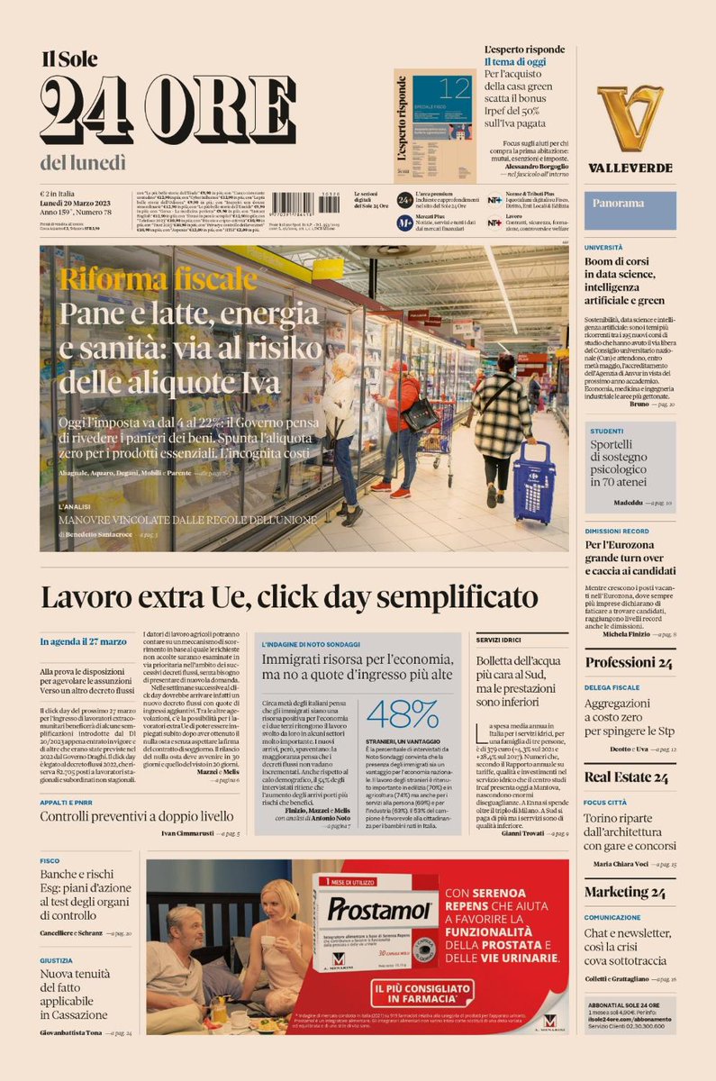 sole24ore's tweet photo. Sulla prima pagina del #Sole24Ore di oggi, lunedì #20marzo: pane e latte, energia e sanità: via al risiko delle #aliquote Iva. #Lavoro extra Ue, click day semplificato. Immigrati risorsa per l’#economia, ma no a quote d’ingresso più alte. #buonalettura #primapagina https://t.co/nbu1YLug6J