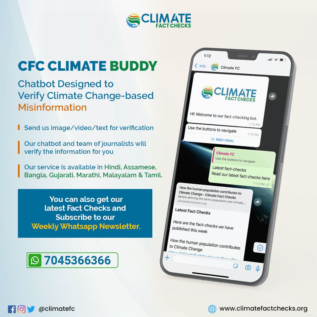 Hello everyone, Climate Fact Checks proudly announces the launch of its WhatsApp Chatbot Climate Buddy. Climate Buddy is the first of its kind initiative in India and Sri Lanka that addresses queries related to Climate Change.