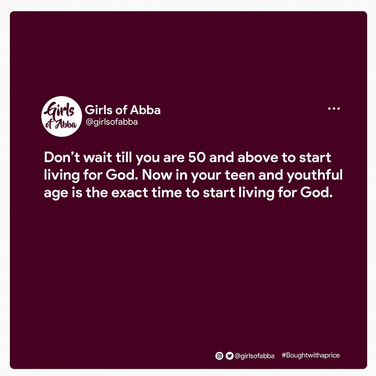 GirlsofAbba's tweet photo. Don’t wait till you are 50 and above to start living for God. Now in your teen and youthful age is the exact time to start living for God.
Happy new week!
#MondayMorning #girlsofabba #livingforchrist #missionarythread https://t.co/2g8hQFzpvY