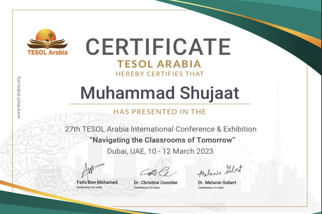 Shujaat_English's tweet photo. I am happy to share that I participated in the recently held TESOL Arabia conference and delivered a presentation on ‘ Using Instant Messaging for Better  Results in IELTS’ https://t.co/ZHQs2injra