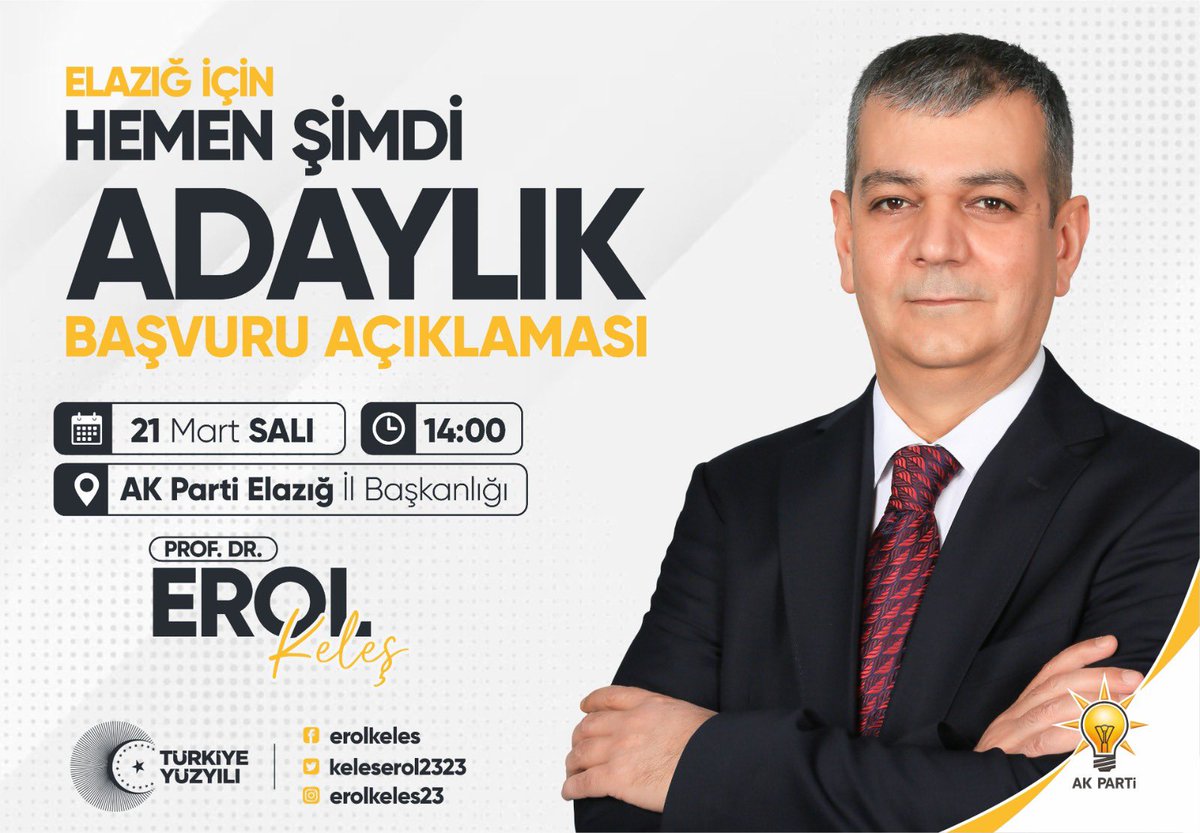 Değerli hemşehrilerim;

AK Parti Elazığ Milletvekilliği aday adaylığı başvurumuzu gerçekleştiriyoruz. 

Ülkemiz ve Elazığ’ımız için hayırlara vesile olmasını diliyorum. 

Aday adaylığı müracaatıma tüm hemşehrilerimizi davet ediyorum. 

<a href="/RTErdogan/">Recep Tayyip Erdoğan</a> <a href="/Akparti/">AK Parti</a>