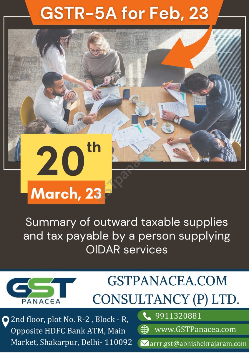GstPanacea's tweet photo. GSTR-5A Due Date
GSTR 5A is a compulsory form filed by the NRI service providers and Online Information and Database Access or Retrieval (OIDAR) Service Providers
#tax #GST #gstr5a #OIDAR #UPDATES https://t.co/6QKcjtQOPF