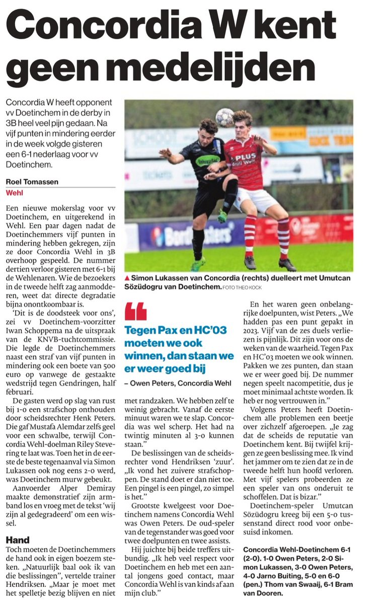 Concordia Wehl deelt mokerslag uit aan vv Doetinchem: 6-1.
