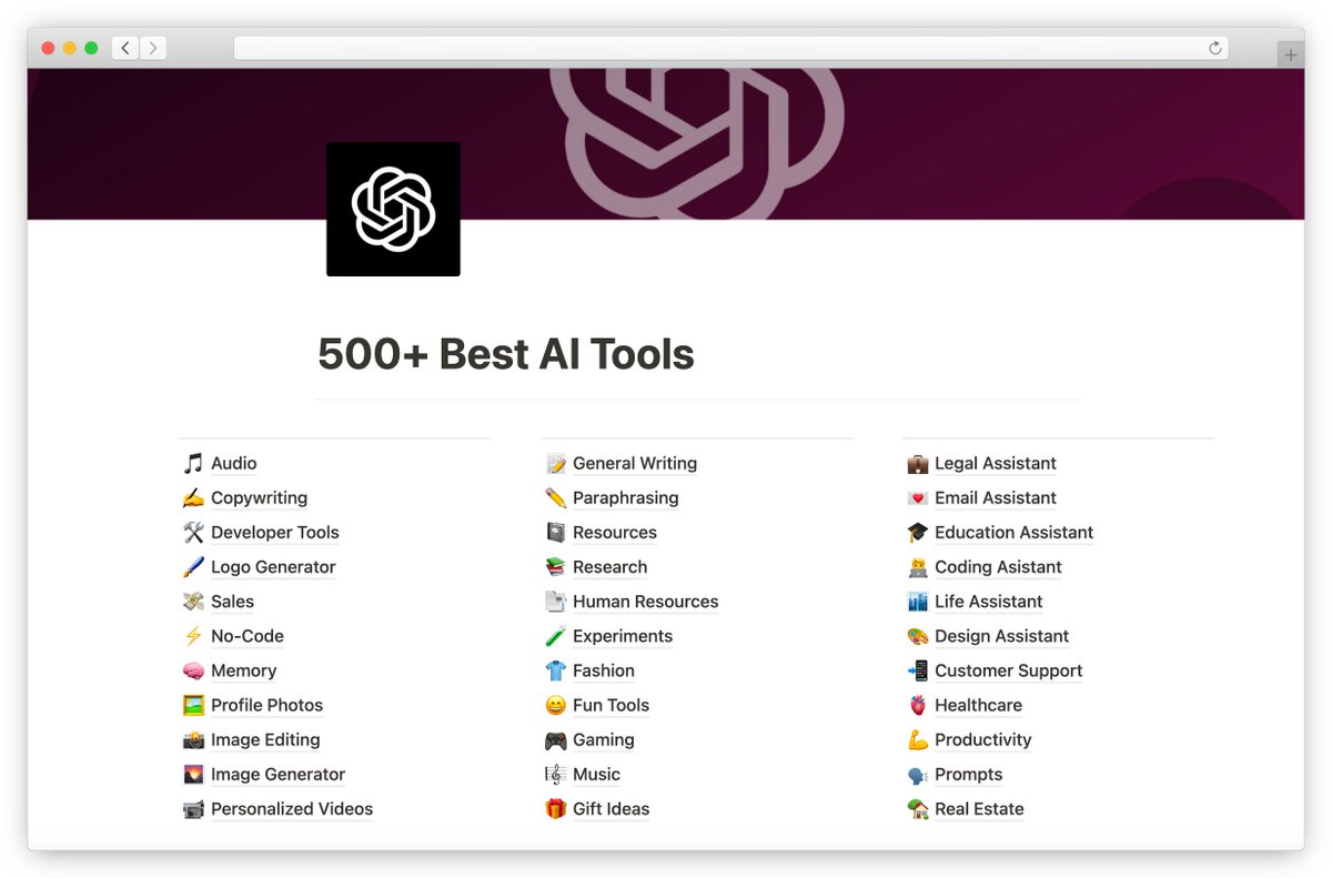 95% of people don't use AI to it's full potential

There are so many tools, it seems overwhelming.

So we compiled and organized a 500+ AI tool master list so you can stay up to date.

FREE for 48 hrs.

Follow, Like, Retweet, Comment ‘dm’

&amp; We’ll DM it to you, for free.
