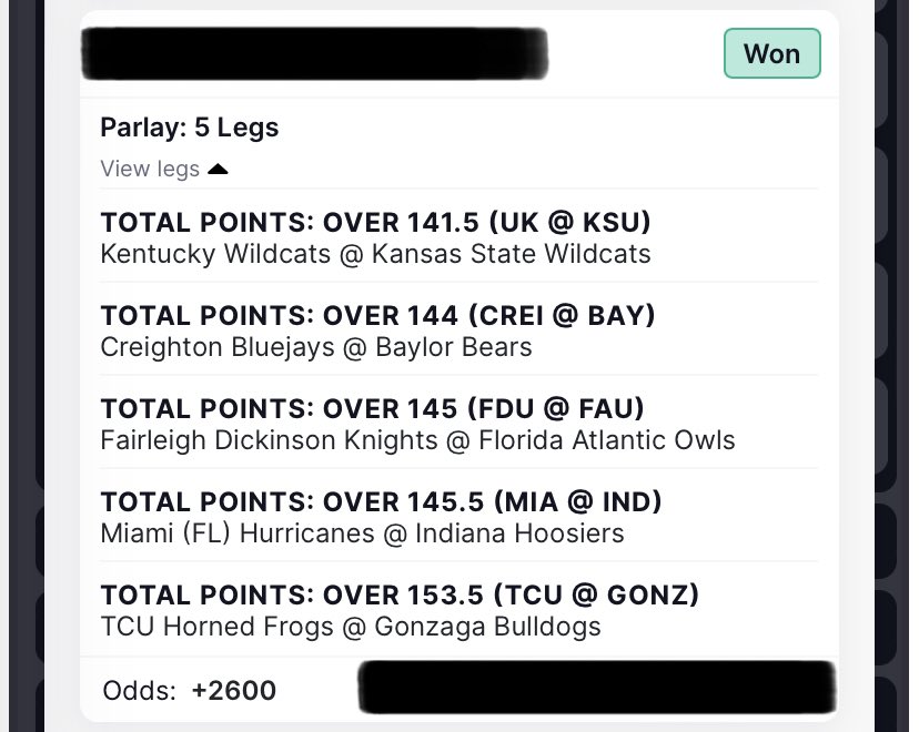 ShimKnowsBets's tweet photo. With all that under talk floating around this morning, I put this 5-leg Over Parlay together & cashed! 💰💸
5 Overs (+2600) for the Win! ✅
#MarchMadness #NCAAMarchMadness #NCAAB #parlays #betsoverbrackets #over #under https://t.co/odJ9i4JCDp