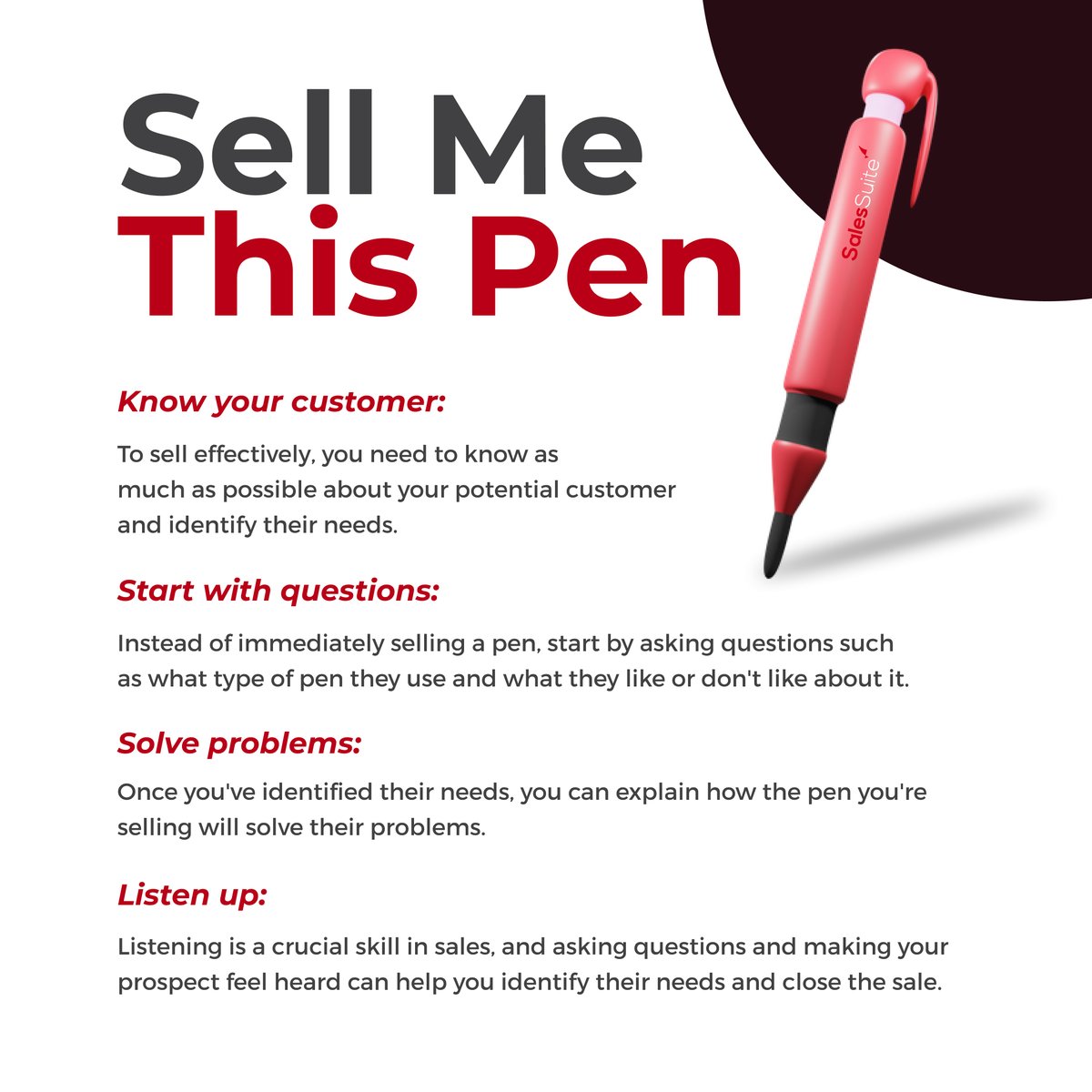 SalesSuite's tweet photo. The 'Sell Me This Pen' question might seem simple, but it's actually a test of your sales skills. Don't panic - we've got you covered for these 4 easy tricks.
#SalesInterviews #SellMeThisPen #SalesSkills #InterviewTips #SalesTricks #SalesProcess #SalesTips #SalesTechniques https://t.co/a7LazmxHxz