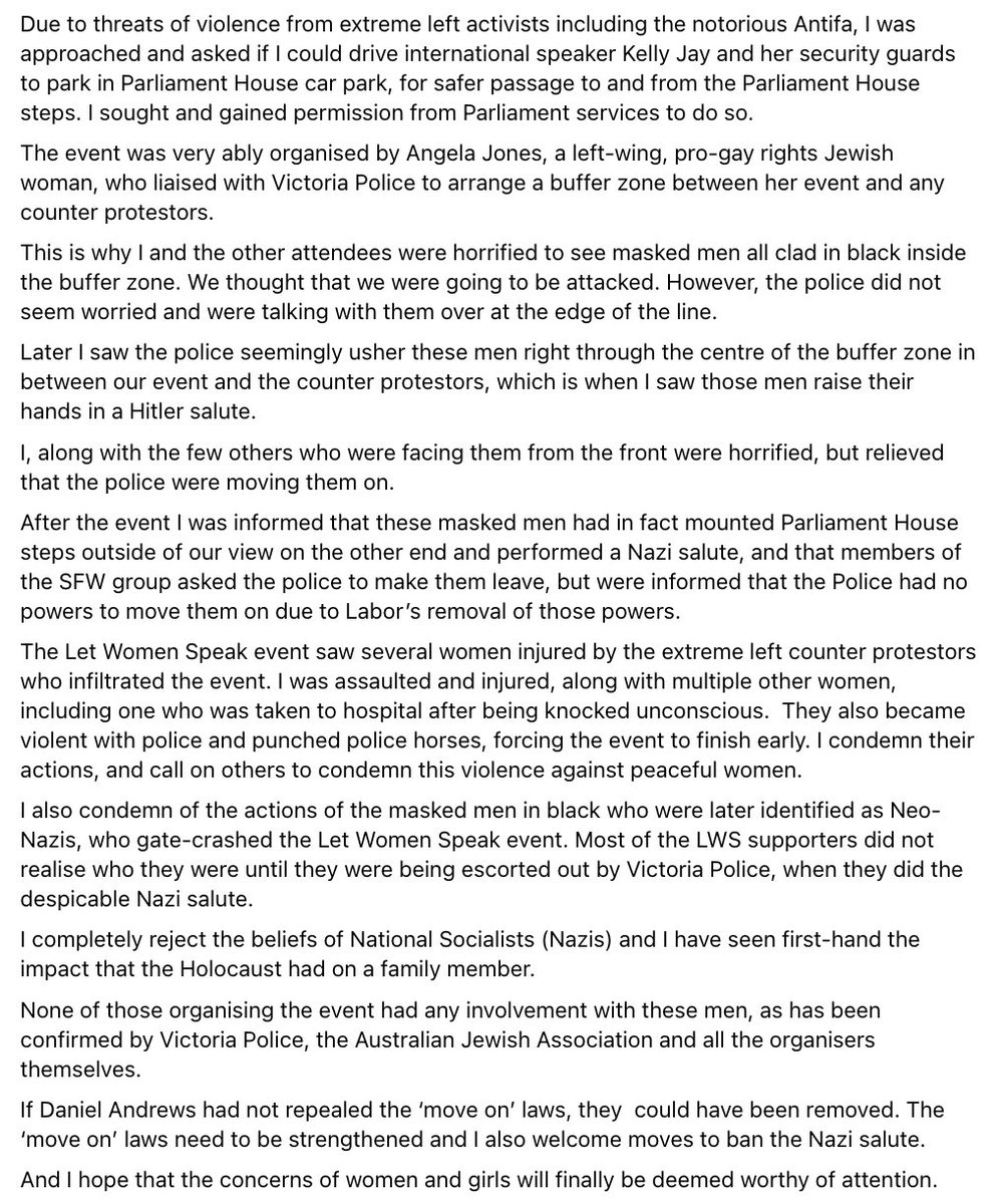 WomensForumAust's tweet photo. Full statement from @MoiraDeemingMP on @JohnPesutto's move to expel her from @LiberalVictoria without just cause.

"Let me clear - I have done nothing wrong. Those who organised the #LetWomenSpeak event on the weekend have done nothing wrong."

#IStandWithMoiraDeeming https://t.co/ppOSbsDUy3