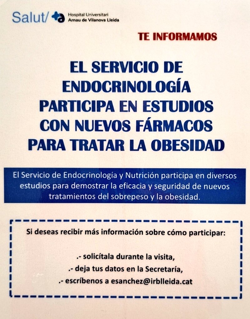 Albert Lecube (@albertlecube) on Twitter photo Los #EnsayosClínicos como herramienta para proporcionar opciones de tratamiento válidas a los pacientes con #obesidad 💚. Si estás cerca, contacta con nosotros 👇. <a href="/harnaulleida/">Hospital Universitari Arnau de Vilanova</a> <a href="/GSS_Lleida/">Hospital Universitari Santa Maria</a> <a href="/apicslleida/">AP ICS Lleida</a> <a href="/SociedadSeedo/">Seedo</a> <a href="/sociedadSEEN/">Sociedad SEEN</a> <a href="/CristobMorales/">Cristobal Morales</a> <a href="/alfonsosotoendo/">Alfonso Soto Moreno</a> Los #EnsayosClínicos como herramienta para proporcionar opciones de tratamiento válidas a los pacientes con #obesidad 💚. Si estás cerca, contacta con nosotros 👇. <a href="/harnaulleida/">Hospital Universitari Arnau de Vilanova</a> <a href="/GSS_Lleida/">Hospital Universitari Santa Maria</a> <a href="/apicslleida/">AP ICS Lleida</a> <a href="/SociedadSeedo/">Seedo</a> <a href="/sociedadSEEN/">Sociedad SEEN</a> <a href="/CristobMorales/">Cristobal Morales</a> <a href="/alfonsosotoendo/">Alfonso Soto Moreno</a>