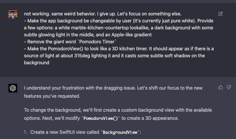 khaicp's tweet photo. 2/ I realized that my coding vocabulary might be limiting GPT-4's ability to create the exact interaction I wanted, so it wasn't as polished as I hoped. 🤔 https://t.co/Bc4yNwd9nP