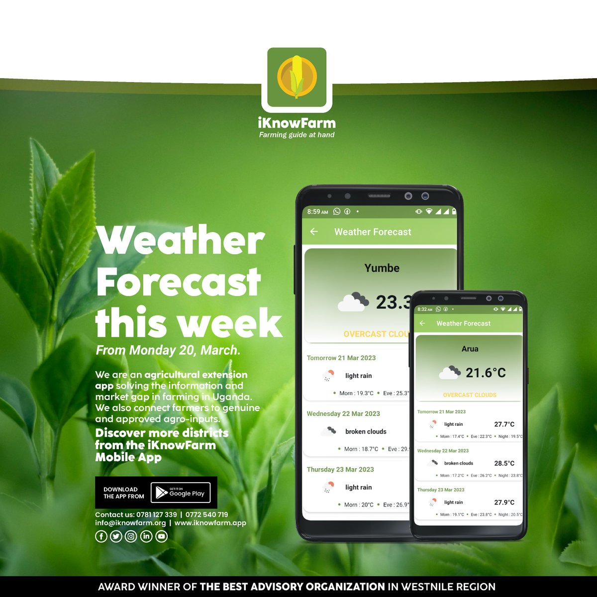 iKnowFarm's tweet photo. 𝗶𝗞𝗻𝗼𝘄𝗙𝗮𝗿𝗺 𝗔𝗽𝗽 𝗪𝗘𝗔𝗧𝗛𝗘𝗥 𝗨𝗣𝗗𝗔𝗧𝗘
YUMBE: 23.3 C -Overcast Cloud
Discover your district and know your weather this week.

Download the 𝗶𝗞𝗻𝗼𝘄𝗙𝗮𝗿𝗺 𝗔𝗽𝗽 here: https://t.co/lGcoz3qWfR
#farming #weatherforecast #iKnowFarm  #agriculturalextensionapp https://t.co/PkoyBbnFwV