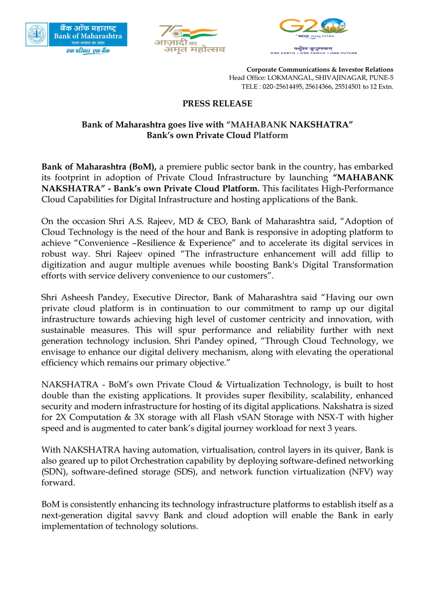 Bank of Maharashtra goes live with "MAHABANK NAKSHATRA", Bank’s own Private Cloud Platform.

#BankofMaharashtra #mahabank #DigitalBanking #CloudTechnology #CloudPlatform #ITInitiative #DigitalInnovation #DigitalIndia