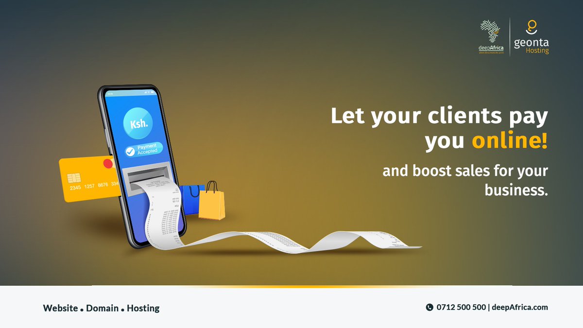 deepAfricaWorld's tweet photo. Boost your online business by integrating seamless payment options on your website. Enhance customer experience and increase sales with just a few clicks! 

Call: 0712 500 500
Email: support@deepafrica.com 

#OnlinePayments #WebsiteIntegration #mpesa #mpesaintegration https://t.co/WqGb1Ao0VF