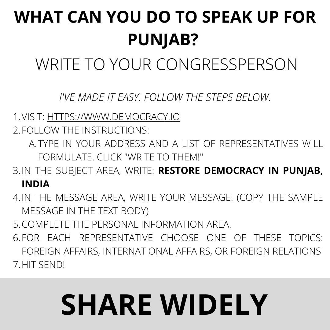 Many have asked, “Jasjit, what can I do to speak up for Punjab?” Here’s one way, write to your congressperson. I’ve made it easy. Follow these listed steps. Sample text is in the subsequent tweets. Share widely. #Punjab #PunjabUnderSeige (1)
IG Link: instagram.com/p/CqABDEWuObx/