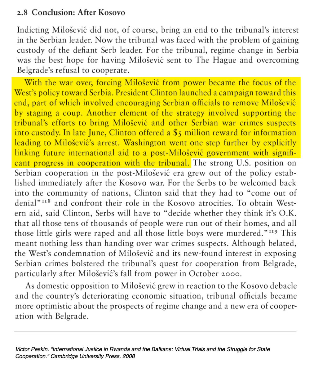 mtracey's tweet photo. Once it was determined that regime change would be pursued, the US started collaborating with the International Criminal Tribunal -- and an arrest warrant was issued for Milosevic. This then became a key instrument through which Clinton (successfully) engineered regime change https://t.co/cQo4sTuXUX