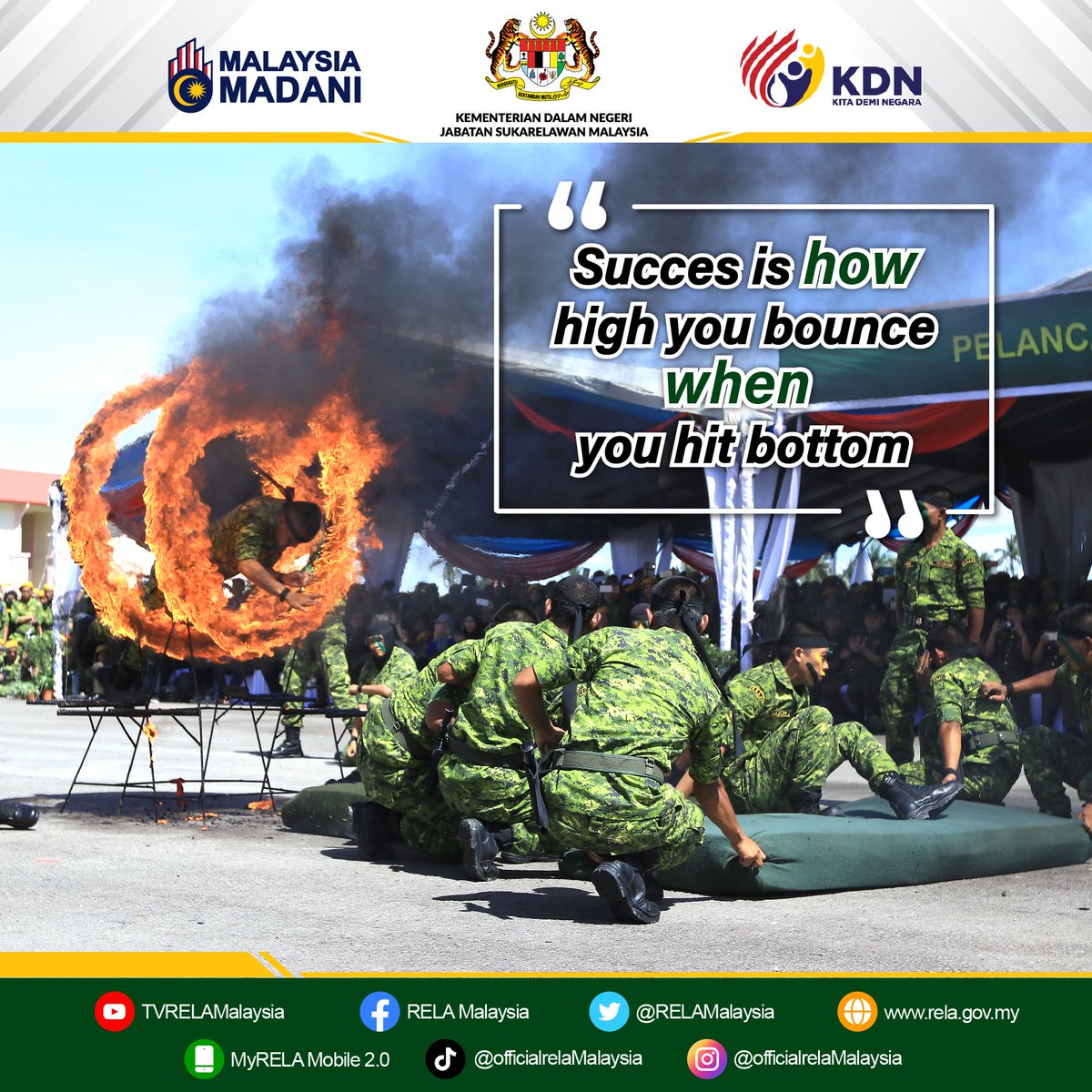20 Mac 2023 | Selasa :
" Succes is how high you bounce when you hit bottom "....bersama kita renungkan.
#SetiaBerbakti #relamalaysia #MalaysiaMadani
#KeselamatanTanggungjawabBersama