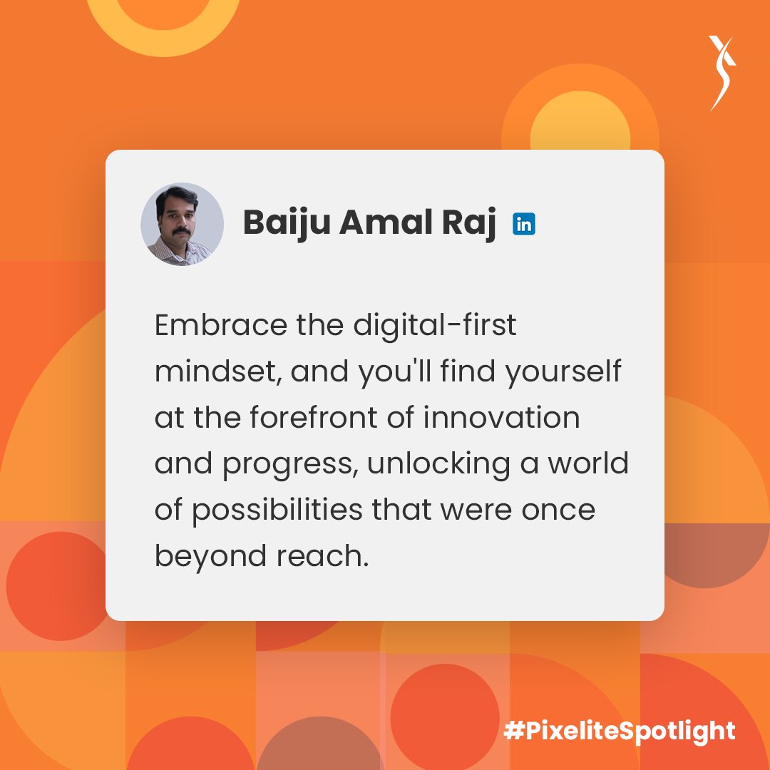 thepixelstudios's tweet photo. Your forward-thinking attitude towards
embracing the digital-first mindset is truly inspiring!

@baijuamalraj in #PixeliteSpotlight

#PixelStudios #DigitalFirst #Innovation #Progress
#Pixelite #BaijuAmalRaj #DigitalTechnology
#DigitalDesign #DigitalMarketing #DigitalAgency https://t.co/Riw5OFRPKc
