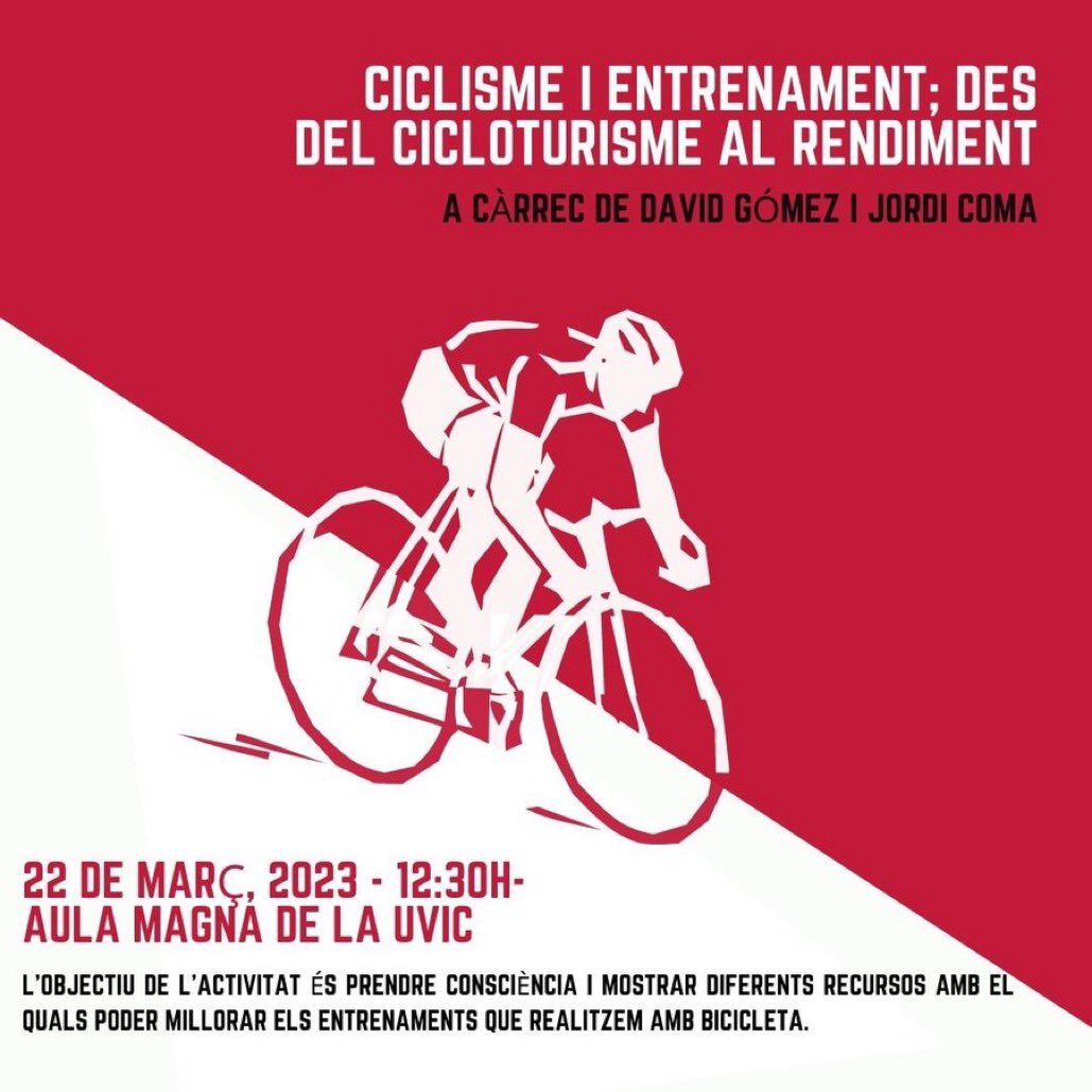 UVic_CAFE's tweet photo. Dimecres, “#Ciclisme i #entrenament: des del #cicloturisme al #rendiment”a la @uvic_ucc
A càrrec de @David_Gomez7 i @comabau
#esportsuvic #uvic_ucc https://t.co/BBQbBJG879