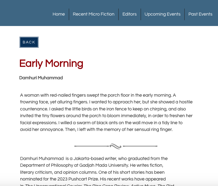 porchlitmag's tweet photo. "Early Morning", a micro-fiction by @damhurimuhammad via @SwitchMicroMag #WritingCommunity #MicroFiction #SEAwriters https://t.co/ZNkUb63C35