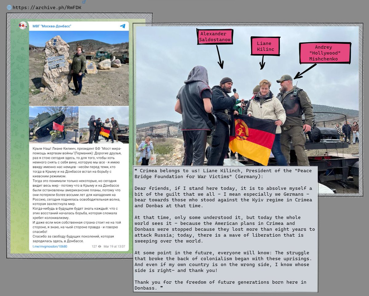 1) Yesterday German activist and collaborator Liane Kilinc traveled to Crimea with the Russian motorcycle club "Night Wolves."

In the picture, she stands with a GDR flag between the Night Wolves' president and the Night Wolves's militia commander Andrey Mishchenko.

#ukrainewar
