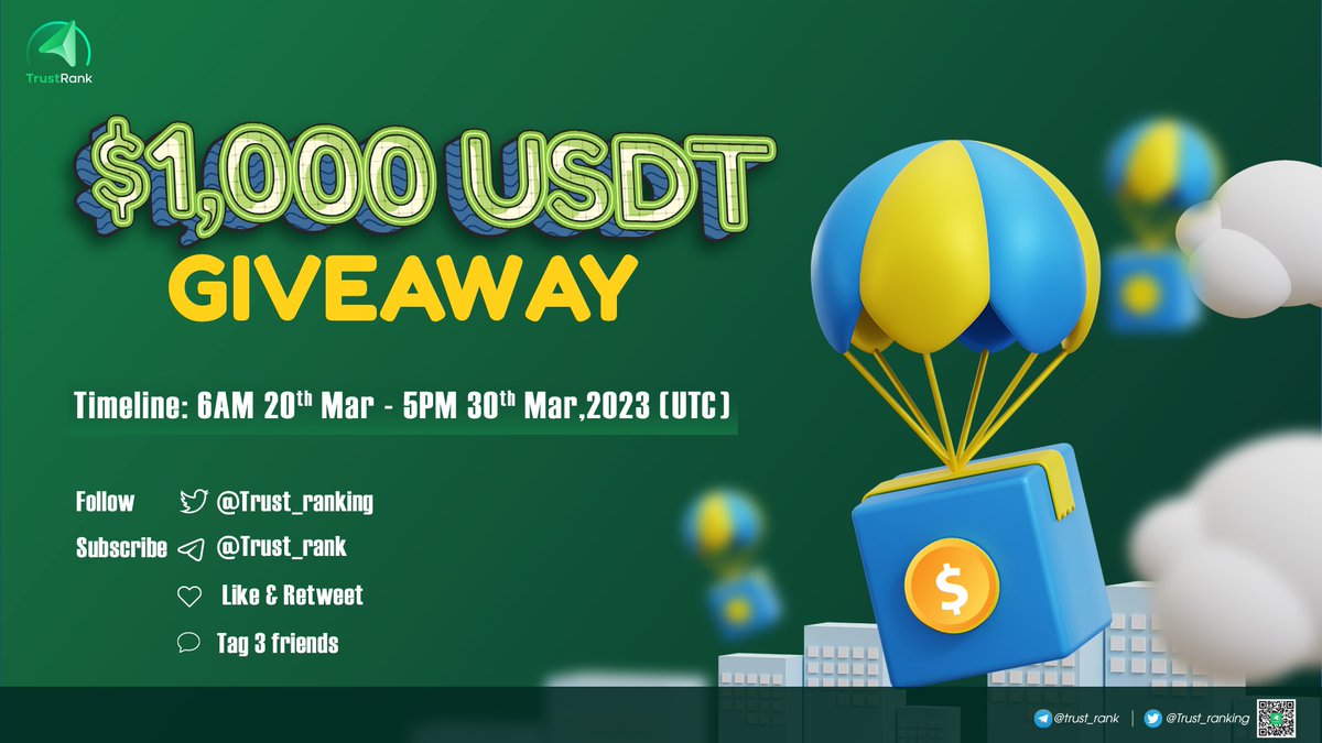 Trust Rank Exclusive Giveaway Campaign

Prize: $1,000 #USDT 
🎁Top 10 ref: $30/each
🎁Top 100 random: $7/each

To Enter⤵️
➡️ Like, RT &amp; Tag 3 Friends
➡️Complete Gleam: gleam.io/qcOvu/trust-ra…

🏆Winner list &amp; distribution: within 7 days

#Airdrop #Giveaway #Bounty #earnfreetoken