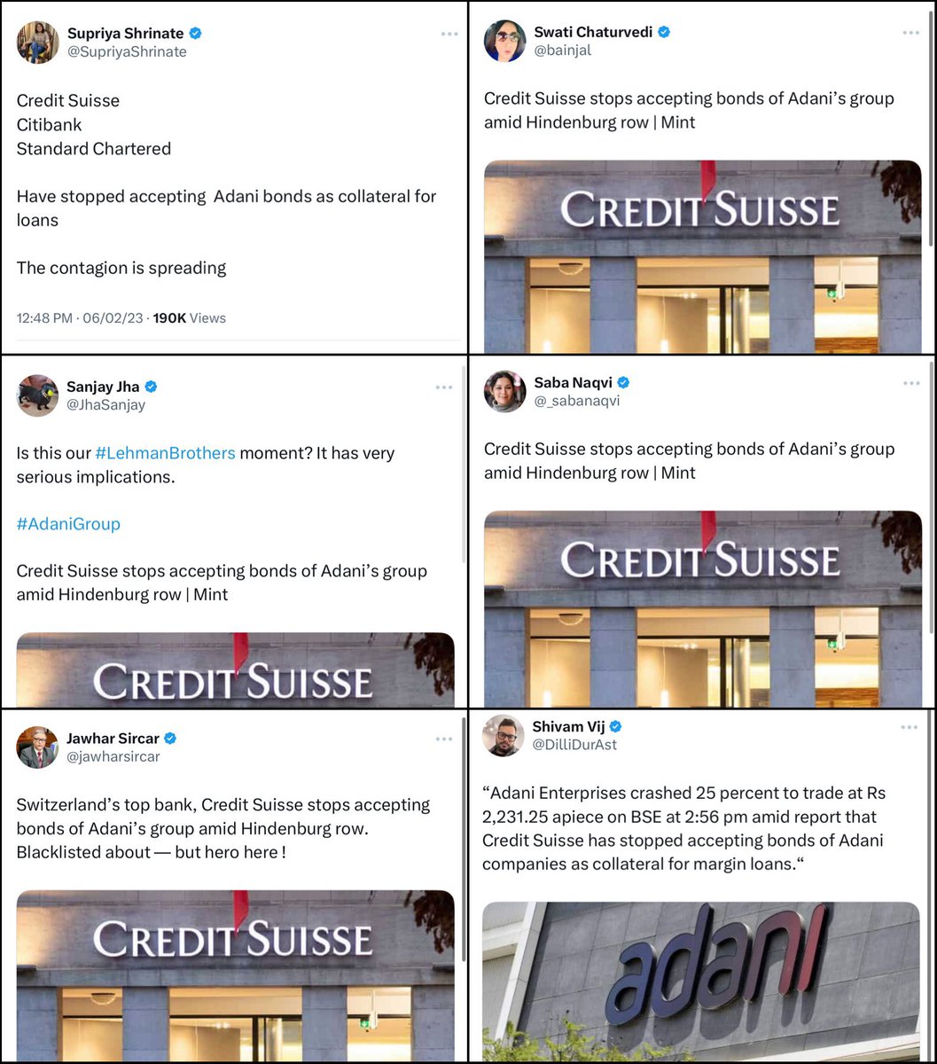 MajorPoonia's tweet photo. In Feb
Credit Suisse stopped accepting Adani bonds
In March
#CreditSuisse bonds are worthless और बैंक ख़ुद कौड़ियों के भाव बिक गया 

And Congress mouthpieces Incl Madam Supriya/Saba/Sanjay Jha were fans of Credit Suisse 😄👇 https://t.co/qRHcyZ5wr2