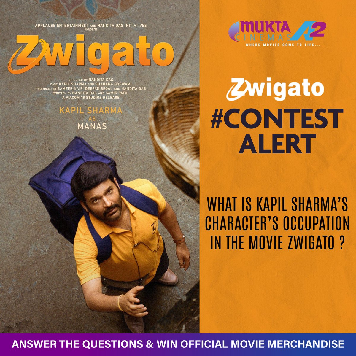 MuktaA2Cinemas's tweet image. Here’s your wonderful chance to win official movie merchandise of #Zwigato

Follow the steps below- 

1- Tag 5 friends to participate 
2- Follow @muktaa2cinemas 
3- Answer the question in the comment section. 

#Zwigato #applauseentertainment #kapilsharma #kapilsharmafans