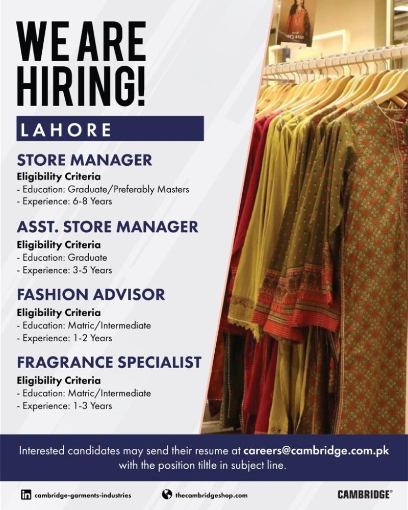 HR_P_P's tweet photo. Cambridge Garments is #hiring!
Apply now to become a part of our retail team!

#Karachi #storemanager #assistantmanager #sales #fashionretail #retailcareers #applynow #zeen https://t.co/dddcfz1k6V