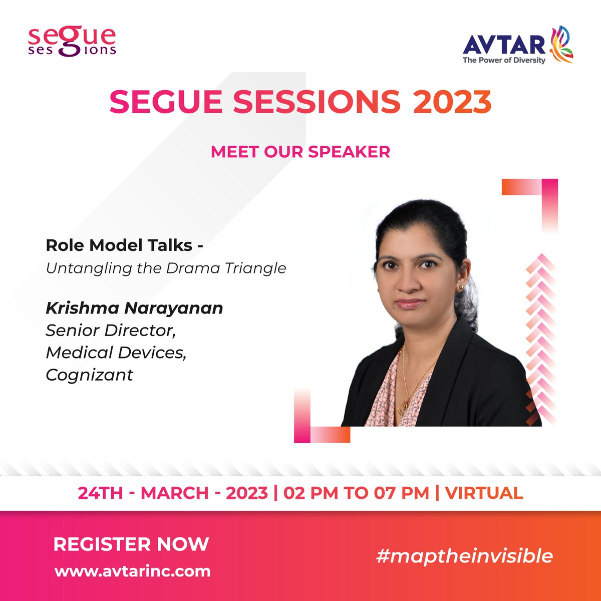 avtarcc's tweet photo. We are thrilled to welcome Krishma Narayanan, Senior Director, Medical Devices, @Cognizant, as a speaker for Segue Sessions 2023, a one-of-a-kind conference that aims to #MapTheInvisible for women professionals to grow and advance in their careers. (1/6) https://t.co/RpnZhFDIcq