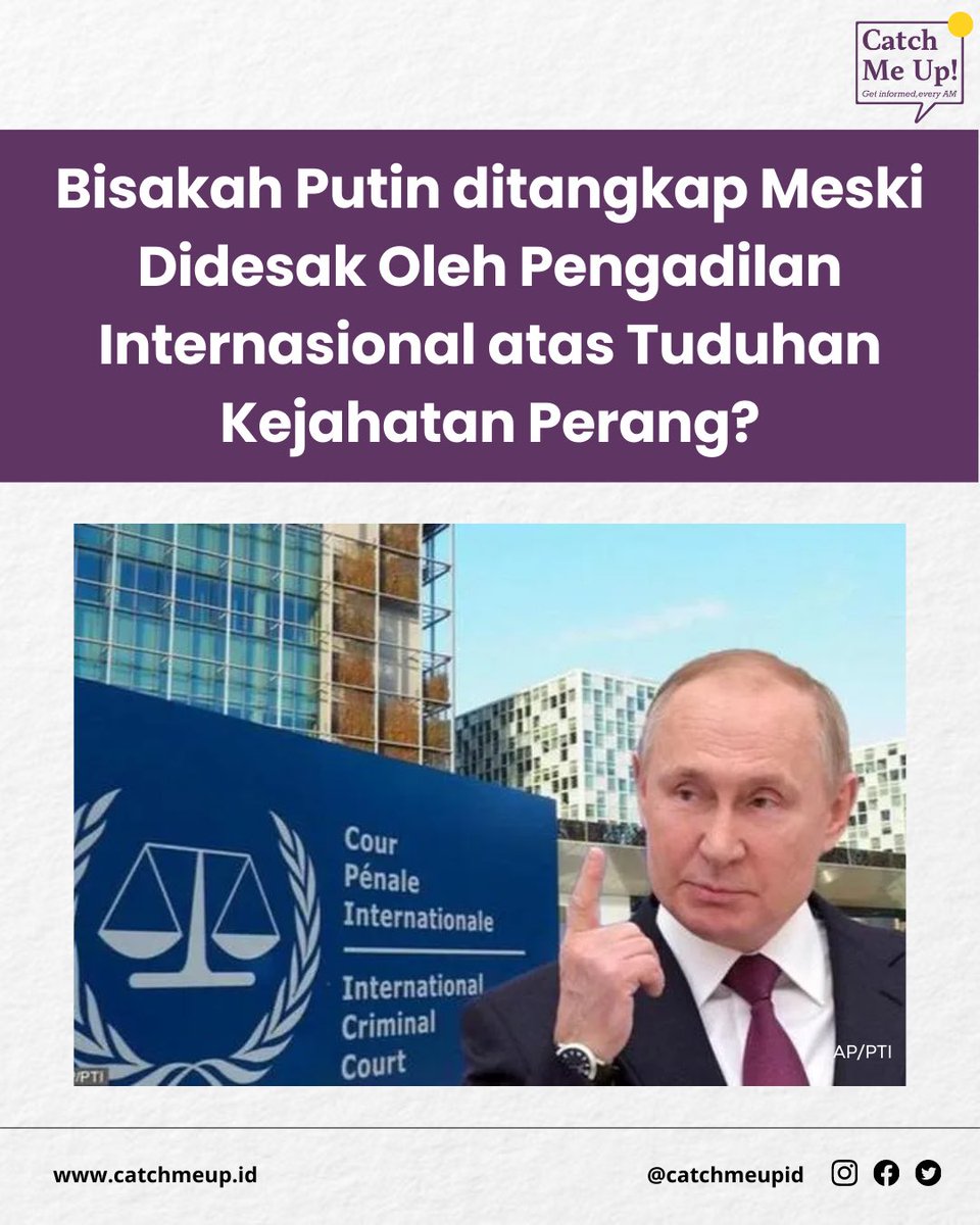International Criminal Court menerbitkan surat penangkapan Presiden Rusia Vladimir Putin atas tuduhan kejahatan perang. 

Meski Rusia bukan bagian dari ICC, desakan penangkapan Putin dapat berdampak besar terhadap kunjungannya ke berbagai negara yang merupakan anggota dari ICC.