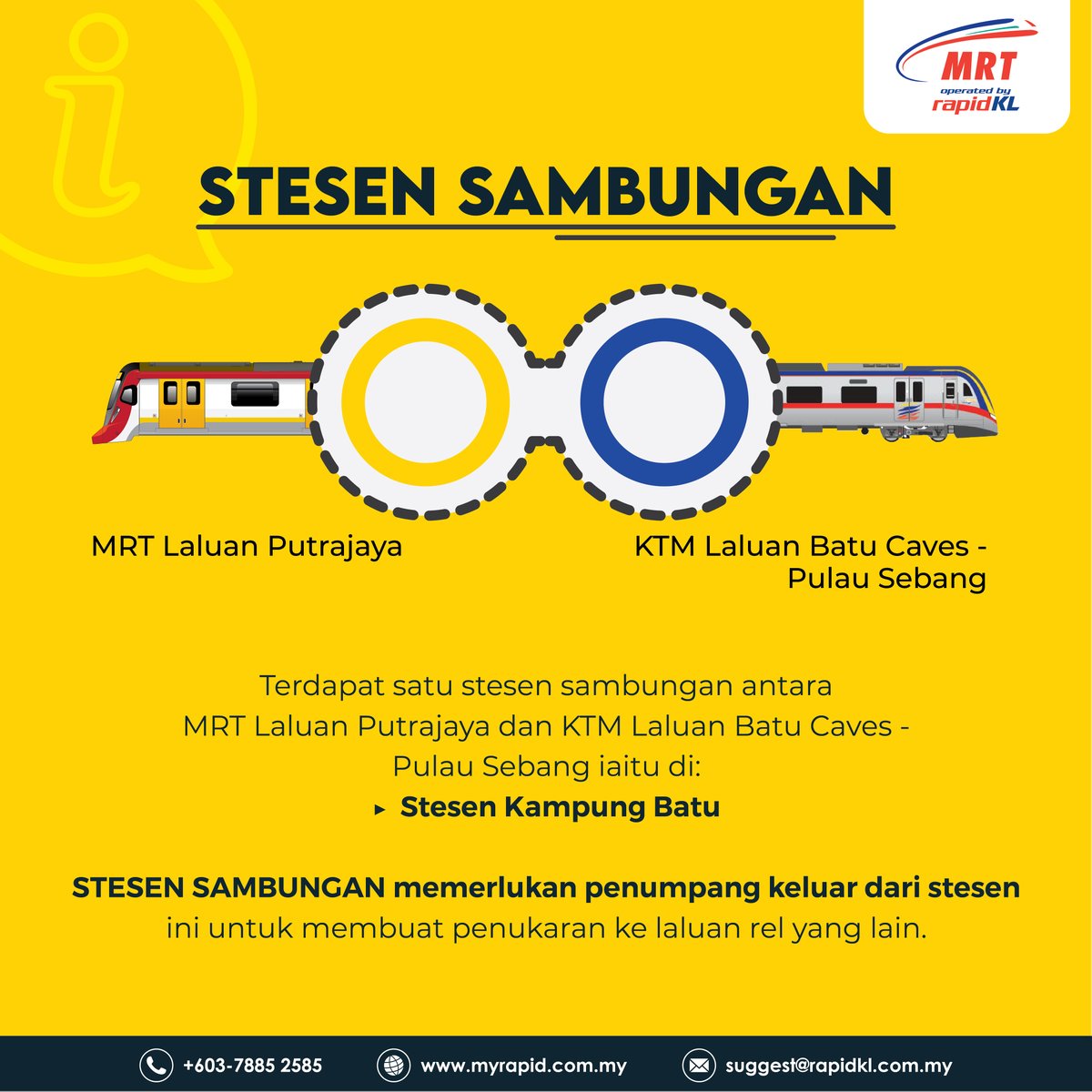 askrapidkl's tweet photo. ℹ️Tahukah anda, MRT Laluan Putrajaya 🚈 mempunyai 5️⃣ stesen sambungan🚶🏻 di sepanjang laluannya?

#JomNaikMRT #PYLine #RapidKL #KamiBawaAnda @MRTMalaysia https://t.co/YpuNloMoVs