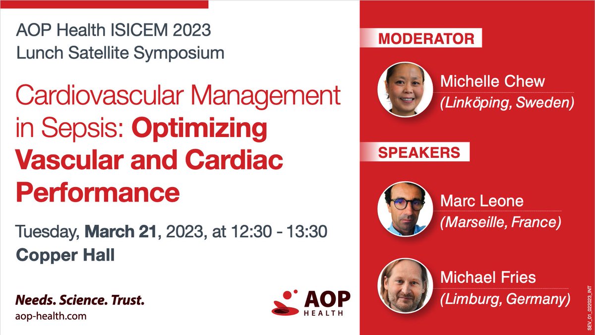 AOP Health invites you to their Lunch Satellite Symposium at #ISICEM23 in Brussels! Speakers will discuss cardiovascular management in sepsis and share their knowledge on optimizing vascular and cardiac performance.
March 21, 12:30 - 13:30
Learn more iii.hm/1jvo