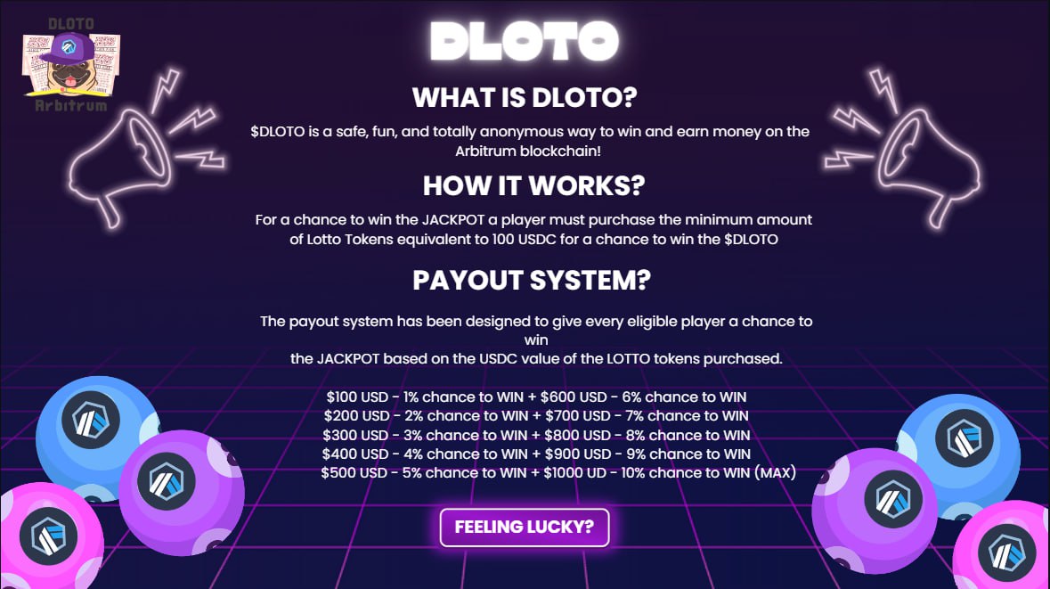 DogeLoto's tweet photo. @DogeLoto GAMEFI MECHANISM

🏆 For a chance to win the jackpot, a player must purchase the minimum amount of $DLOTO token equivalent to 100USDC

🎯 PAYOUT SYSTEM: https://t.co/10RbMDHMv3

🎰 The reward increases linearly corresponding with the number of $DLOTO hodl in your wallet https://t.co/RAk2ALyxV3