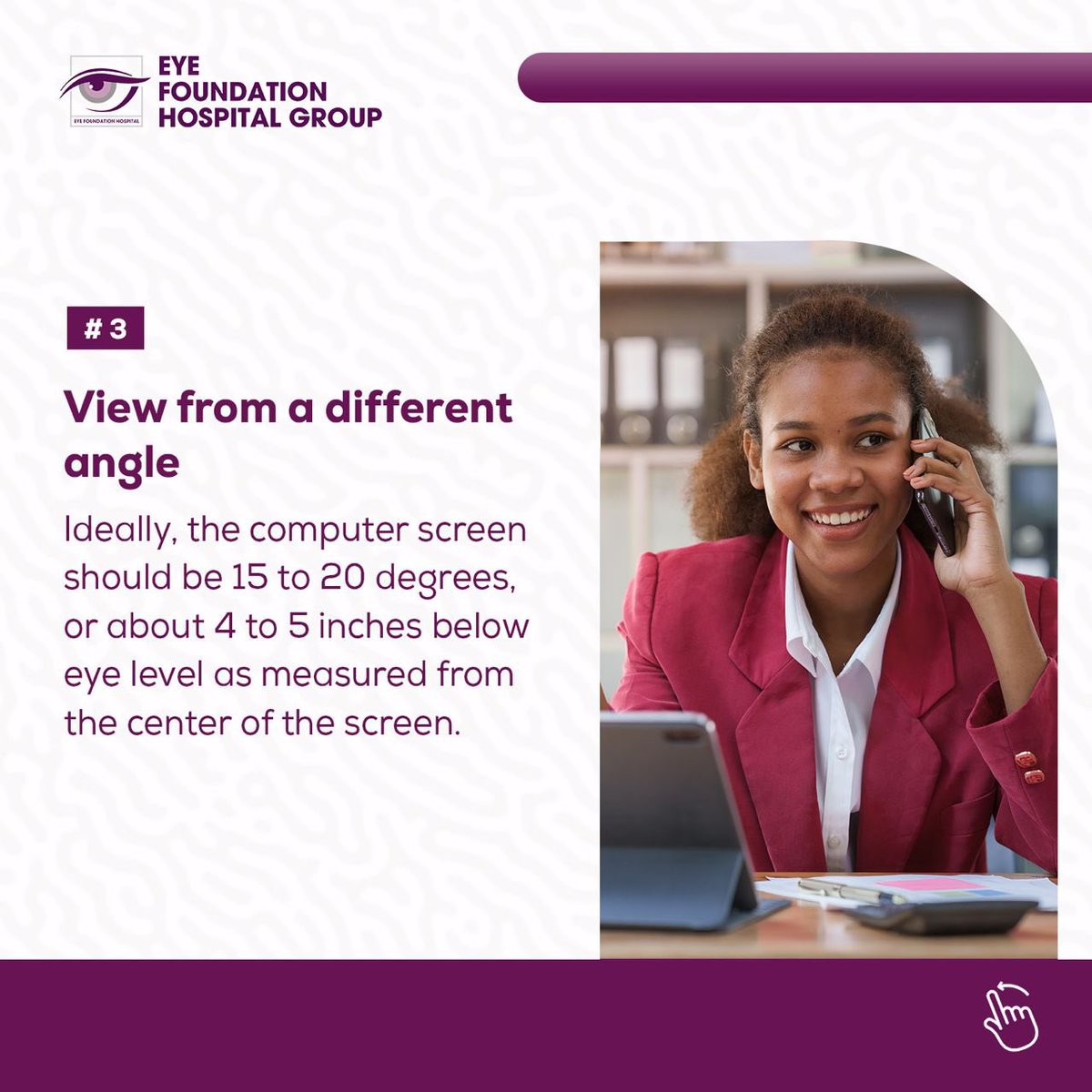 eyefoundationng's tweet image. Digital eye strain has become almost unavoidable because of the high usage of technology in various workplaces.
Here are four steps to relieve digital eye strain at work.
#digitaleyestrain #computervisionsyndrome #eyecare #avoideyedefects #eyefoundationhospitalng