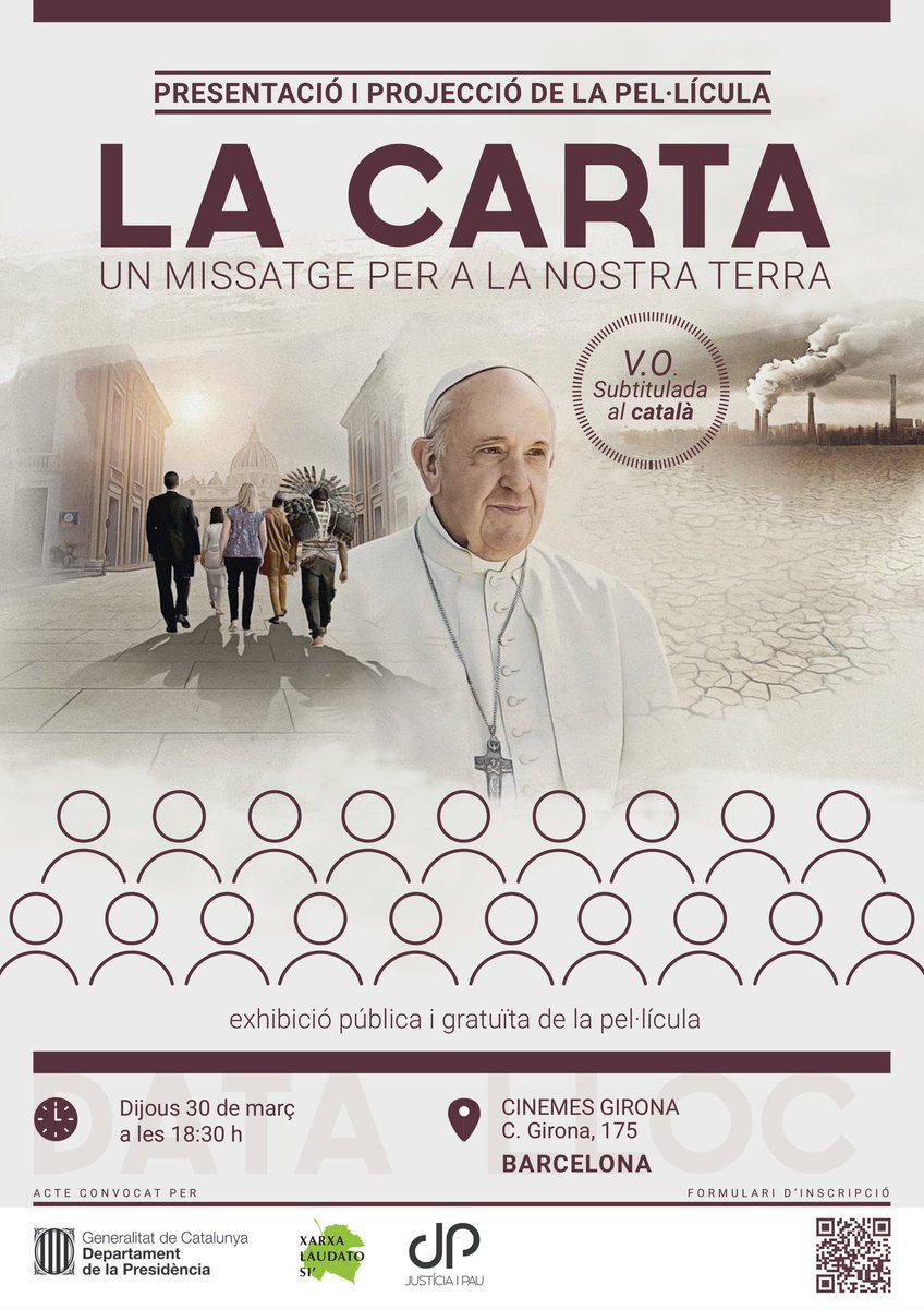 Carles Armengol Siscares (@carlesarmengol) on Twitter photo 🎞️ Presentació i exhibició pública i gratuïta de la pel·lícula "La Carta" subtitulada al català 📽️
🗓️ 30 de març
🕑 18:30 h
📍 Cinemes Girona de Barcelona (C. Girona, 175)
<a href="/afersreligiosos/">Afers religiosos</a> <a href="/JusticiaiPau/">Justícia i Pau</a>
✍️ Cal inscripció a l'acte ⬇️
forms.office.com/pages/response… 🎞️ Presentació i exhibició pública i gratuïta de la pel·lícula "La Carta" subtitulada al català 📽️
🗓️ 30 de març
🕑 18:30 h
📍 Cinemes Girona de Barcelona (C. Girona, 175)
<a href="/afersreligiosos/">Afers religiosos</a> <a href="/JusticiaiPau/">Justícia i Pau</a>
✍️ Cal inscripció a l'acte ⬇️
forms.office.com/pages/response…