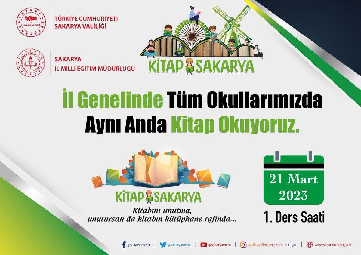 #KitapSakarya projemiz ile aynı anda kitap okuma etkinliğine devam ediyoruz. Farklı okul ve sınıflarda olsak da yarın 1. Ders saatinde hepimiz aynı heyecanı yaşıyor olacağız. 

“Kitabını unutma, unutursan da kitabın kütüphane rafında”😊📔
<a href="/tcmeb/">Millî Eğitim Bakanlığı</a> 
<a href="/valicetinoktay/">Çetin Oktay Kaldırım</a> 
<a href="/ebubekirsavasci/">Ebubekir Sıddık Savaşçı</a>