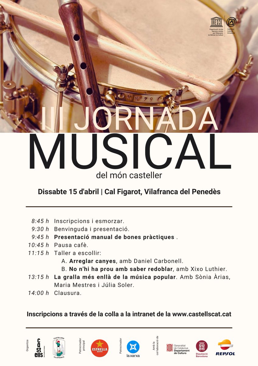 CastellsCat's tweet photo. Obertes les inscripcions per la III Jornada musical del món casteller!

Teòrica i pràctica amb cracks com Sònia Àrias, Maria Mestres, Júlia Soler, Dani Carbonell i Xixo Luthier👇

📅15/04
📍Cal Figarot

Inscripcions a través de la colla a la intranet de la https://t.co/CnDQ4vUQKG https://t.co/UIEpxmZRUF