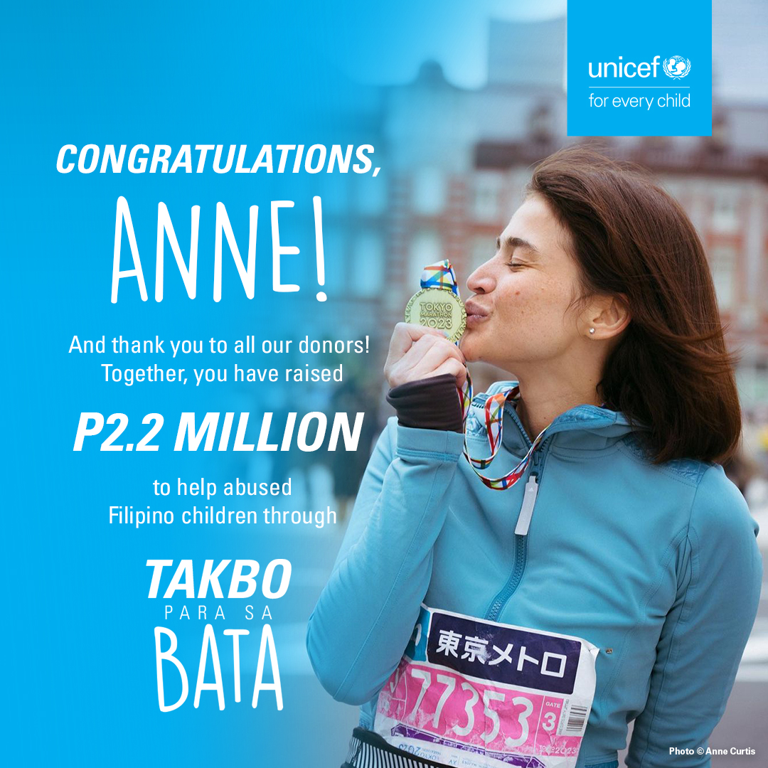 unicefphils's tweet photo. Thank you @annecurtissmith and to all who donated in the Takbo Para Sa Bata campaign for raising PHP 2.2 Million! These funds will help abused Filipino children get FREE access to medical, legal, and psychological services through the Barangay TeleCPUs (Child Protection Units). https://t.co/QYz3F1s2PG