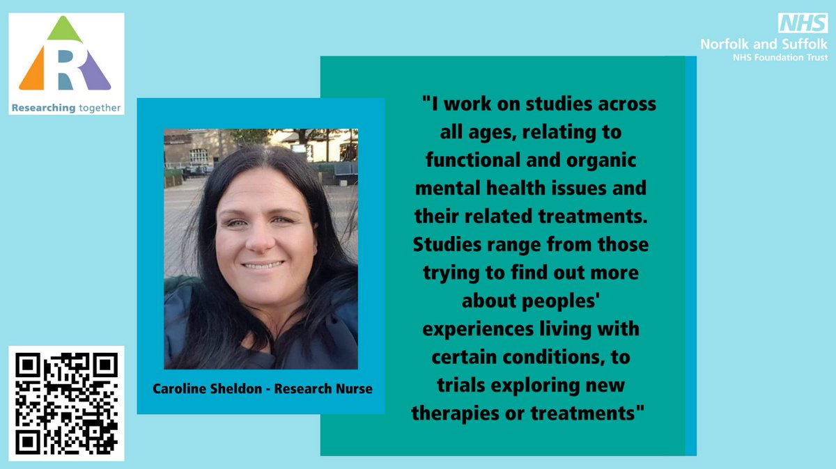 This Monday meet team member Caroline. To find out more about research, follow the link nsft.nhs.uk/research, scan the QR code, or email researchinfo@nsft.nhs.uk. Sign up to be a participant at tinyurl.com/328k2v4j 
<a href="/NSFTtweets/">NSFT mental health</a>
 @NIHRCRNeoe
#mentalhealthnurse