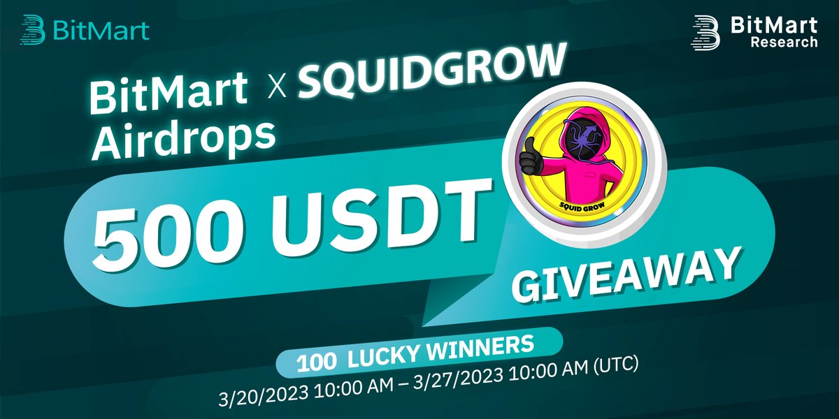 🌟BitMart X SQUIDGROW Airdrop

1⃣Follow <a href="/BitMartResearch/">BitMart Research｜$BMX HODLer</a> <a href="/BitMartExchange/">BitMart</a> <a href="/Squid_Grow/">SquidGrow ®</a> <a href="/Shibtoshi_SG/">Shibtoshi</a> @AreDub2 @SGS_Swap
2⃣Join t.me/BitMartExchang…&amp; t.me/SquidGrowPorta…
3⃣RT&amp;Tag 3 frds
4⃣Fill forms.gle/KfQWARAYBVWeeY…

🎁100 winners/500 $USDT
Register: bitmart.com/register-refer…