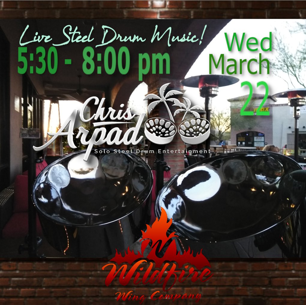 Wings baby! Join me Wed, March 22nd at 5:30 pm for live steel drum music, for your island state of mind! It's a party and you're invited.
#wildfirewings
#tucsonevents
#tucsonmusicians
#chrisarpad
#solosteeldrum
#orovalleyentertainment
#tucsonlocal
#tucsonmusic
#tucsonevents
