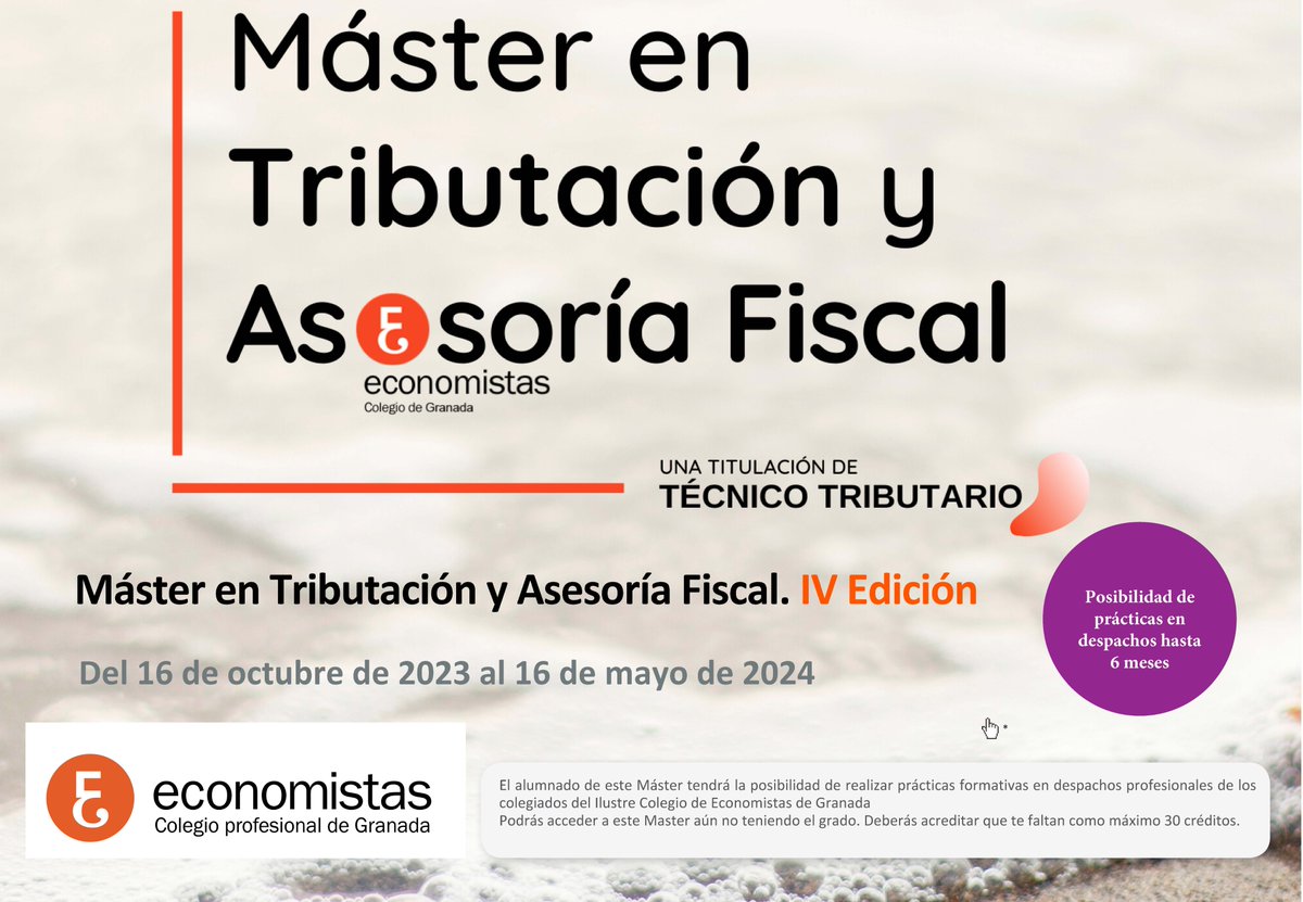 ABIERTO PLAZO DE PREINSCRIPCIÓN IV ED. MÁSTER EN TRIBUTACIÓN Y ASESORÍA FISCAL 
#practicas #empleabilidad #asesorofiscalmente
mastergranada.com