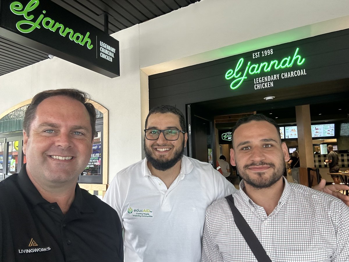 ConnellShayne's tweet photo. Today’s partnership meeting between EducAID and @LivingWorksAus was held at our official restaurant. Planning for suicide prevention training for the Muslim community in Western Sydney and beyond. Thank you Ziyad and Tareq. @Twerech #educaid #ASIST #elJannah https://t.co/tIOGuFENJT